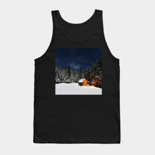 Winter Cozy Cabin in Snow Pine Trees Mountain Peaceful Landscape Art Tank Top